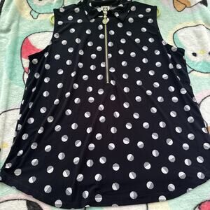 Anne Klein Collared Sleeveless Polo Navy/White 1X Lightweight Gold Zipper Accent